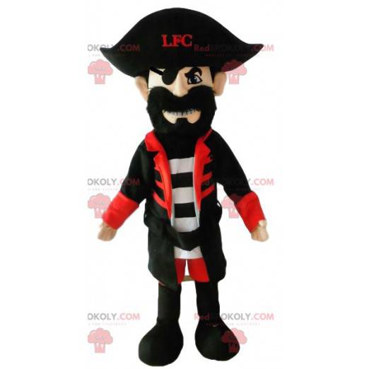 Mascotte de pirate avec un costume noir magnifique. -