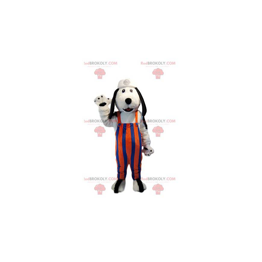 Maskot bílého psa s oranžovým a modrým pruhovaným overalem. -