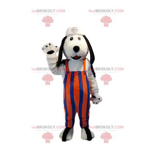 Mascote cão branco com macacão listrado laranja e azul. -