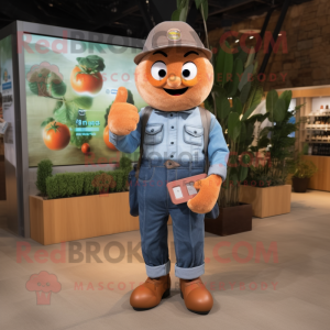 Brown Apricot mascot costume character dressed with a Denim Shorts and Digital watches