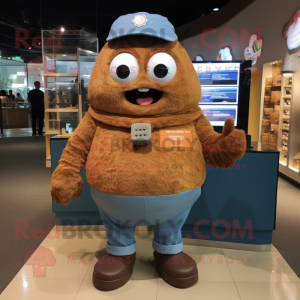 Brown Apricot mascot costume character dressed with a Denim Shorts and Digital watches