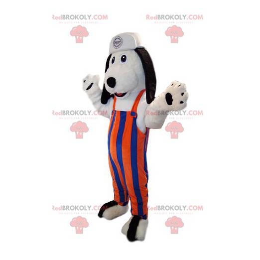 White dog mascot with orange and blue striped overalls. -