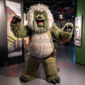Olive Yeti mascot costume character dressed with a Leather Jacket and Hairpins