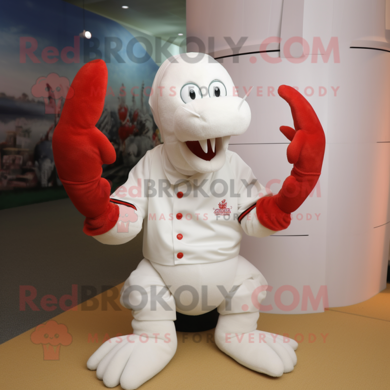 White Lobster mascot costume character dressed with a Polo Shirt and Lapel pins