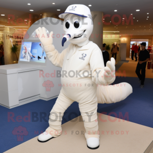 White Lobster mascot costume character dressed with a Polo Shirt and Lapel pins