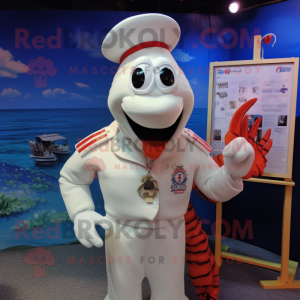 White Lobster mascot costume character dressed with a Polo Shirt and Lapel pins