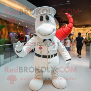 White Lobster mascot costume character dressed with a Polo Shirt and Lapel pins
