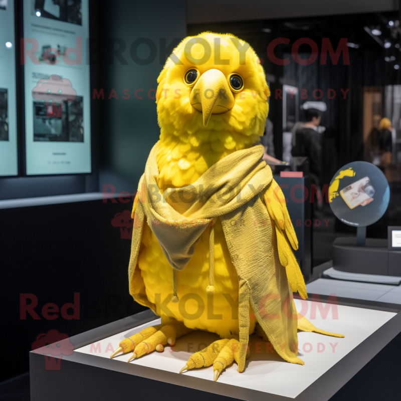 Yellow Parrot mascot costume character dressed with a Cover-up and Earrings Yellow Parrot mascot costume character dressed with a Cover-up and Earrings