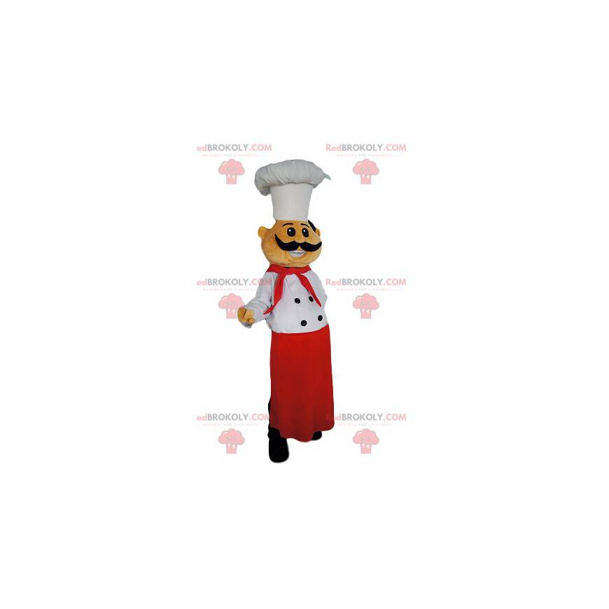 Mascota de chef con un hermoso delantal rojo y un magnífico