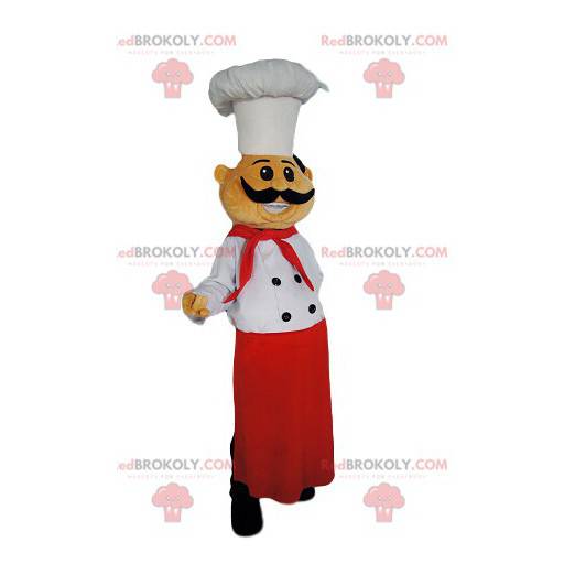 Mascote do chef com um lindo avental vermelho e um chapéu de