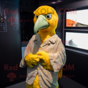 Yellow Parrot mascot costume character dressed with a Cover-up and Earrings