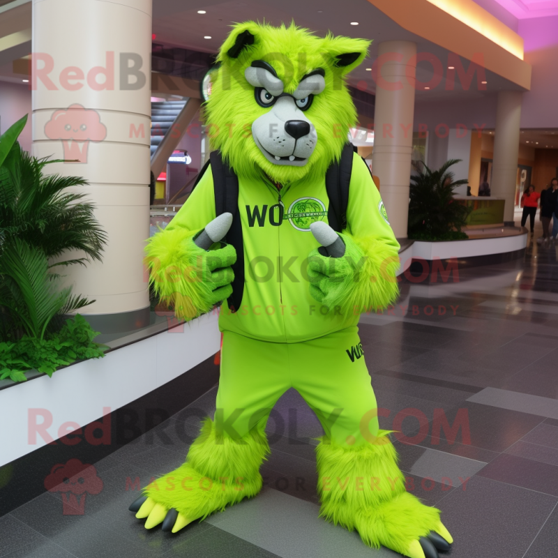 Lime Green Werewolf mascot costume character dressed with a Joggers and Backpacks