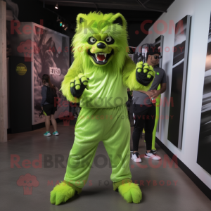 Lime Green Werewolf mascot costume character dressed with a Joggers and Backpacks