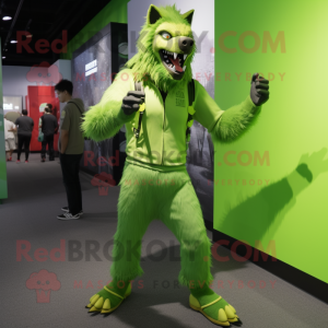 Lime Green Werewolf mascot costume character dressed with a Joggers and Backpacks