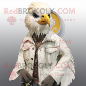 White Quail mascot costume character dressed with a Leather Jacket and Hair clips