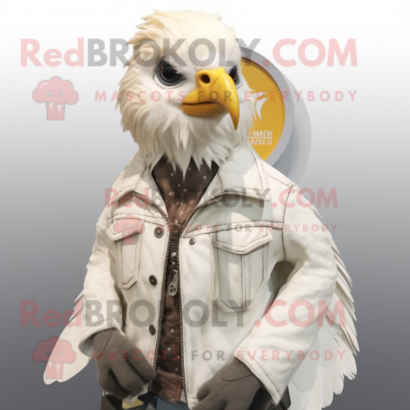White Quail mascot costume character dressed with a Leather Jacket and Hair clips White Quail mascot costume character dressed with a Leather Jacket and Hair clips