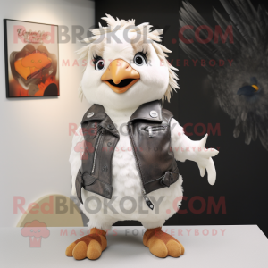 White Quail mascot costume character dressed with a Leather Jacket and Hair clips