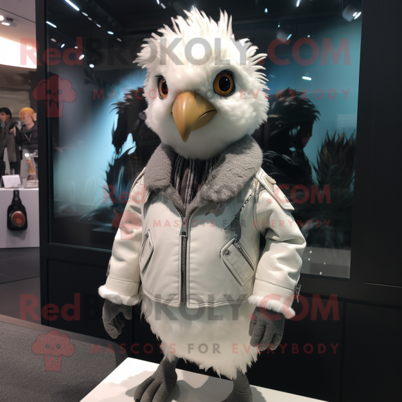 White Quail mascot costume character dressed with a Leather Jacket and Hair clips White Quail mascot costume character dressed with a Leather Jacket and Hair clips
