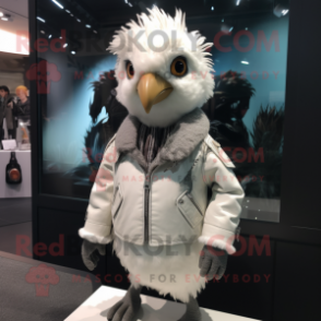 White Quail mascot costume character dressed with a Leather Jacket and Hair clips