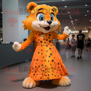 Orange Cheetah mascot costume character dressed with a Ball Gown and Backpacks
