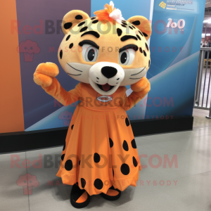 Orange Cheetah mascot costume character dressed with a Ball Gown and Backpacks