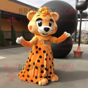 Orange Cheetah mascot costume character dressed with a Ball Gown and Backpacks