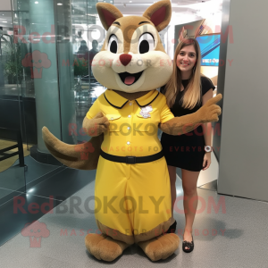 Yellow Chipmunk mascot costume character dressed with a Sheath Dress and Keychains