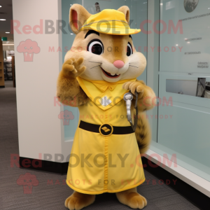 Yellow Chipmunk mascot costume character dressed with a Sheath Dress and Keychains