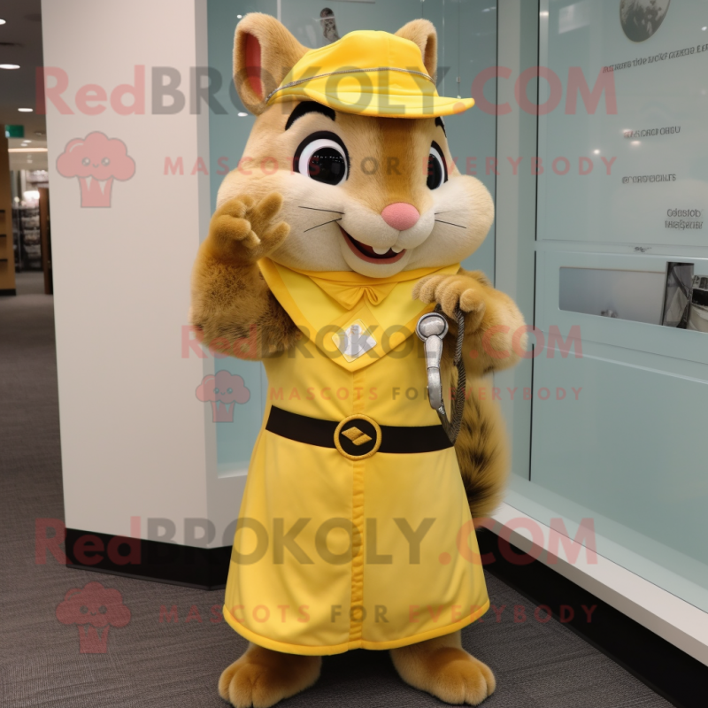 Yellow Chipmunk mascot costume character dressed with a Sheath Dress and Keychains Yellow Chipmunk mascot costume character dressed with a Sheath Dress and Keychains