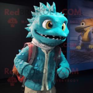 Turquoise Barracuda mascot costume character dressed with a Cardigan and Backpacks