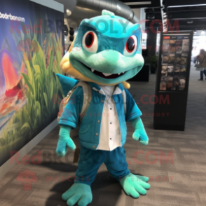 Turquoise Barracuda mascot costume character dressed with a Cardigan and Backpacks