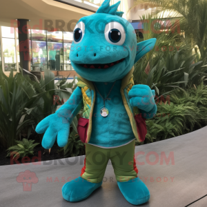 Turquoise Barracuda mascot costume character dressed with a Cardigan and Backpacks