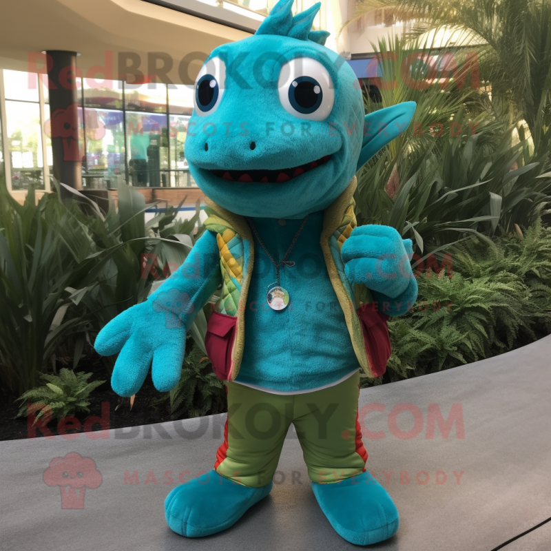Turquoise Barracuda mascot costume character dressed with a Cardigan and Backpacks