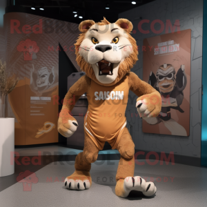 Rust Smilodon mascot costume character dressed with a Running Shorts and Handbags