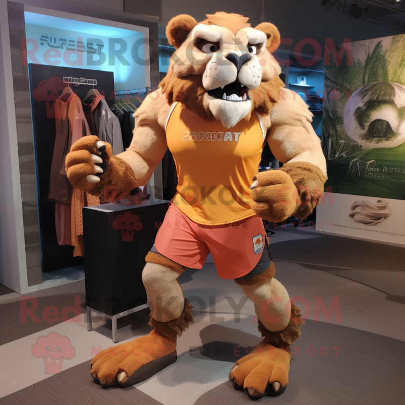 Rust Smilodon mascot costume character dressed with a Running Shorts and Handbags Rust Smilodon mascot costume character dressed with a Running Shorts and Handbags