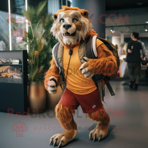 Rust Smilodon mascot costume character dressed with a Running Shorts and Handbags