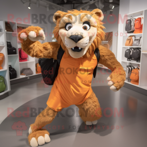 Rust Smilodon mascot costume character dressed with a Running Shorts and Handbags