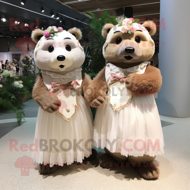 Peach Spectacled Bear mascot costume character dressed with a Wedding Dress and Hairpins