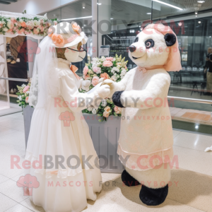 Peach Spectacled Bear mascot costume character dressed with a Wedding Dress and Hairpins