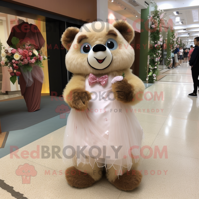 Peach Spectacled Bear mascot costume character dressed with a Wedding Dress and Hairpins