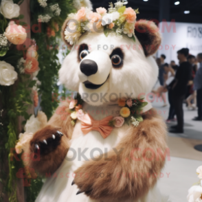 Peach Spectacled Bear mascot costume character dressed with a Wedding Dress and Hairpins