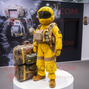 Yellow Special Air Service mascot costume character dressed with a Graphic Tee and Handbags