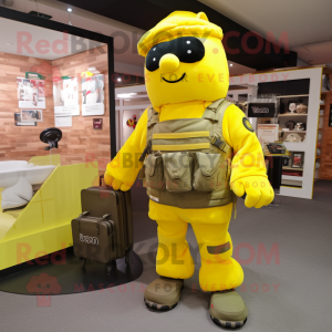 Yellow Special Air Service mascot costume character dressed with a Graphic Tee and Handbags