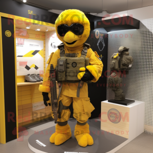 Yellow Special Air Service mascot costume character dressed with a Graphic Tee and Handbags