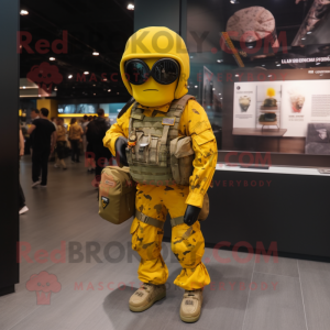 Yellow Special Air Service mascot costume character dressed with a Graphic Tee and Handbags