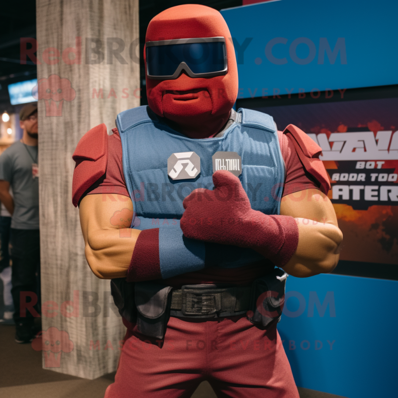 Maroon Gi Joe mascot costume character dressed with a Denim Shorts and Bracelets