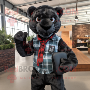 Black Jaguar mascot costume character dressed with a Flannel Shirt and Handbags