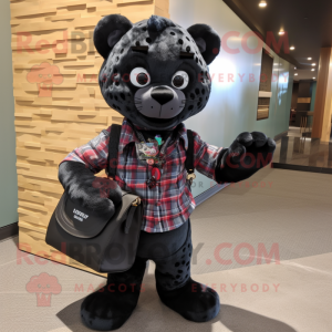 Black Jaguar mascot costume character dressed with a Flannel Shirt and Handbags