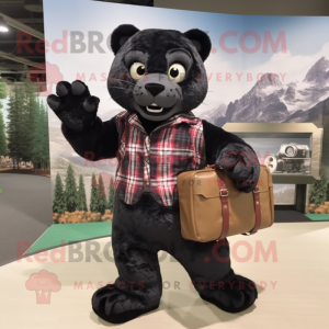 Black Jaguar mascot costume character dressed with a Flannel Shirt and Handbags