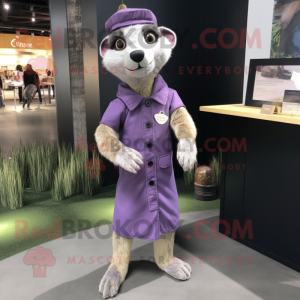 Lavender Meerkat mascot costume character dressed with a Culottes and Brooches